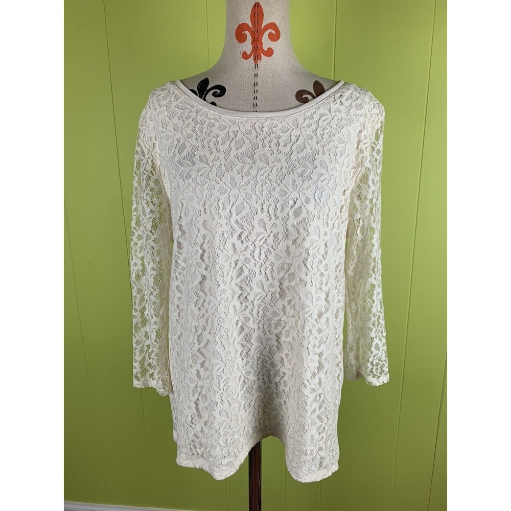 Covington Woman XL Ivory Blouse Top 3/4 Sleeve Lace Lining Front 1/4 Back Zip